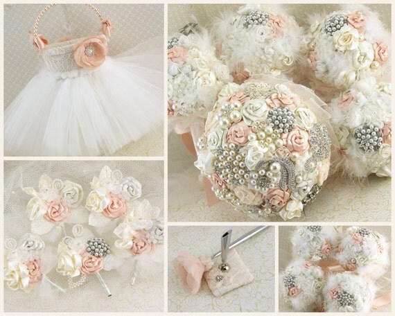 Brooch Bouquet Pearl Bouquet Bridal Bouquet in Blush and Ivory with Pearls Fabric and Brooch Bouquet