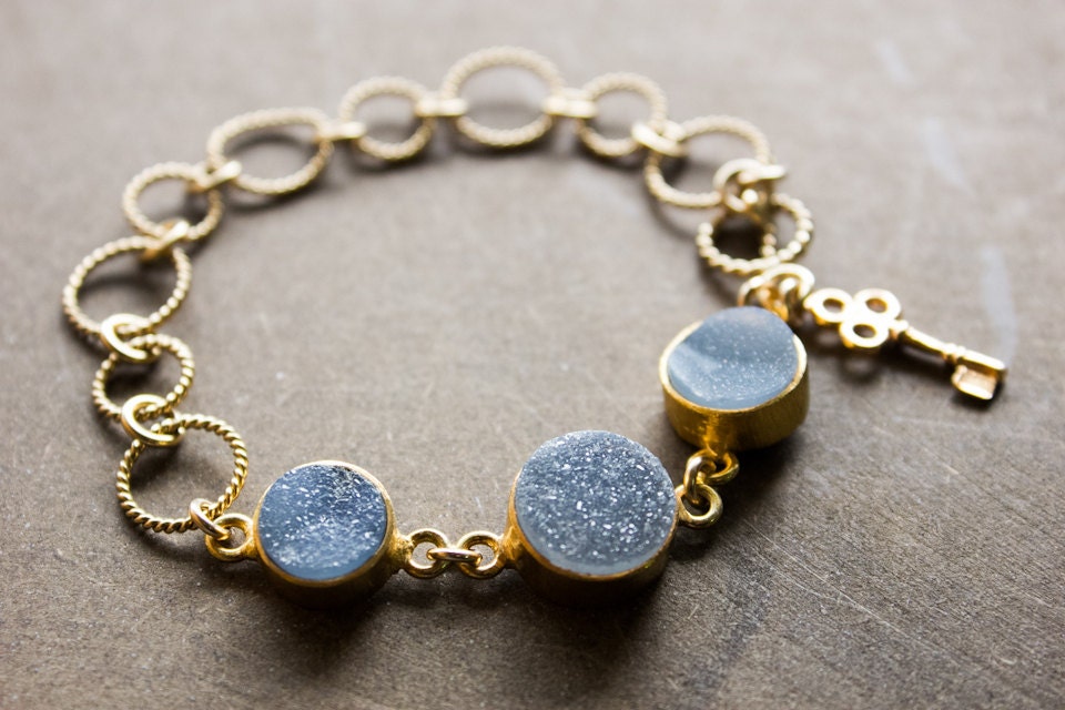 Charcoal Grey - Blue Druzy Bracelet - Gemstone Bracelet - Toggle Clasp, Key