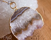 Natural Stalactite Geode Slice Gemstone on Blue Labradorite Necklace - Long Layering Necklace