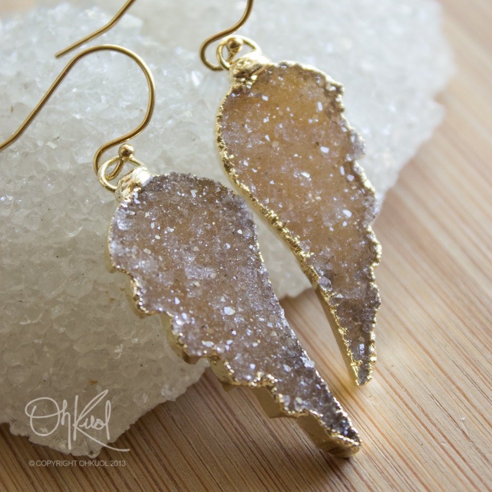 Gold Peach Agate Druzy Angel Wing Earrings - 14K Gold Fill - Whimsical Earrings