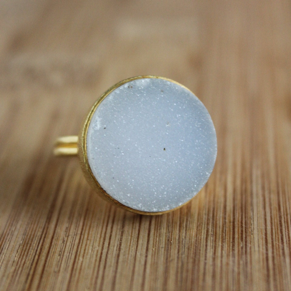 Gold White Agate Druzy Statement Ring - Round - Bold, Adjustable Ring