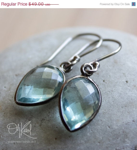 Memorial Day SALE Green Teal Quartz Earrings - Inverse Teardrops - Black Rhodium, Oxidized Metal