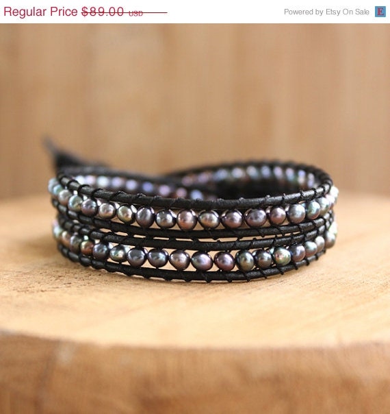 Memorial Day SALE Black Leather Wrap Bracelet - with Freshwater Pearls - Extendable, Double Wrap