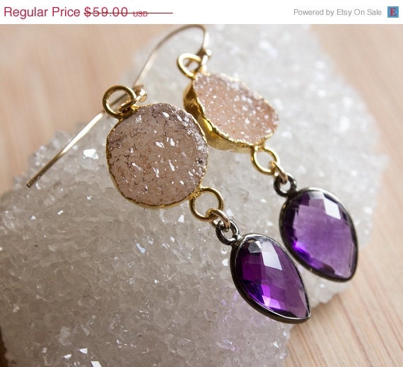 SALE 15 OFF Gold Peach Druzy and Purple Amethyst Quartz Earrings - 14K Gold Fill - Champagne