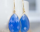 SALE 15 OFF Gold Blue Chalcedony Teardrop Earrings - Gemstone Earrings - Sky Blue Stone