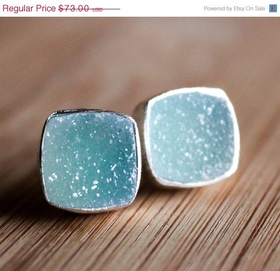 Memorial Day SALE Turquoise Blue Druzy Stud Earrings - Ice Blue Geode - Post Setting