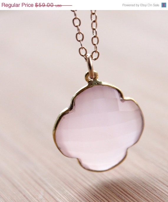 SALE 15 OFF Gold Pink Rose Quartz Clover Necklace - Four Leaf Clover - 14KT Gold Fill