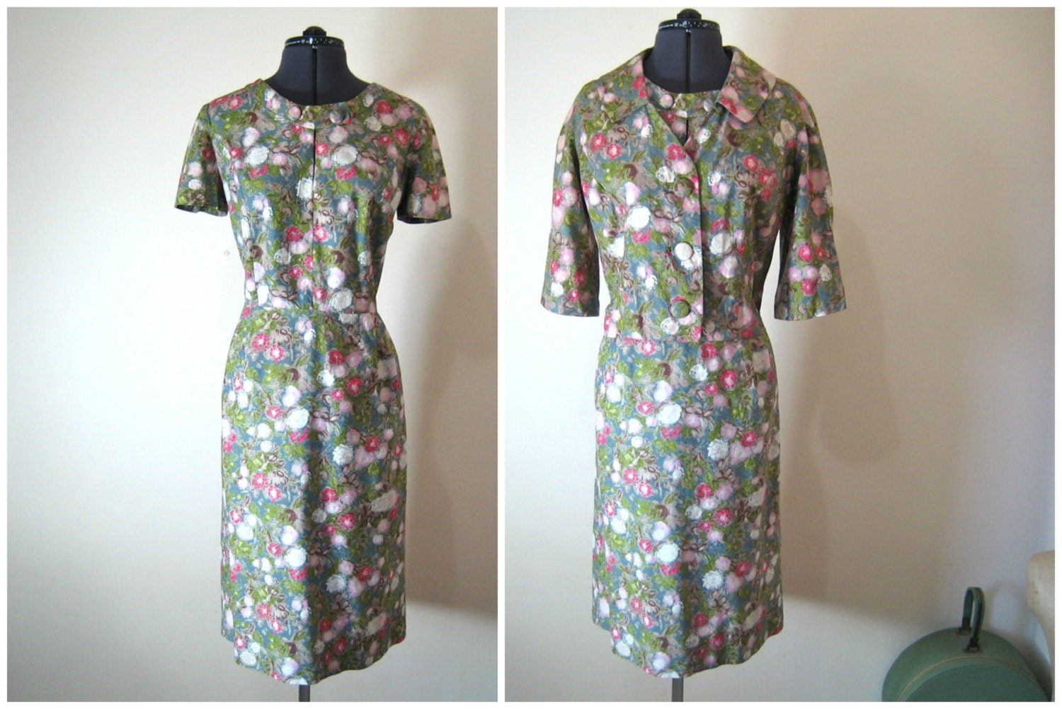 1950s Dress Jacket set in teal pink green and white Wiggle Dress cut, L or XL 32" waist