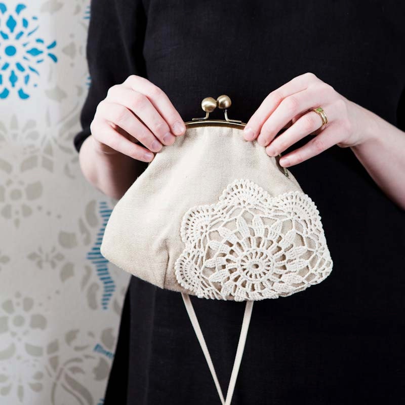 clutch with vintage lace doily, linen & lace