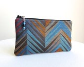 Chevron Zippered Pouch in Black, Brown and Blues / Beaded Zipper Pull