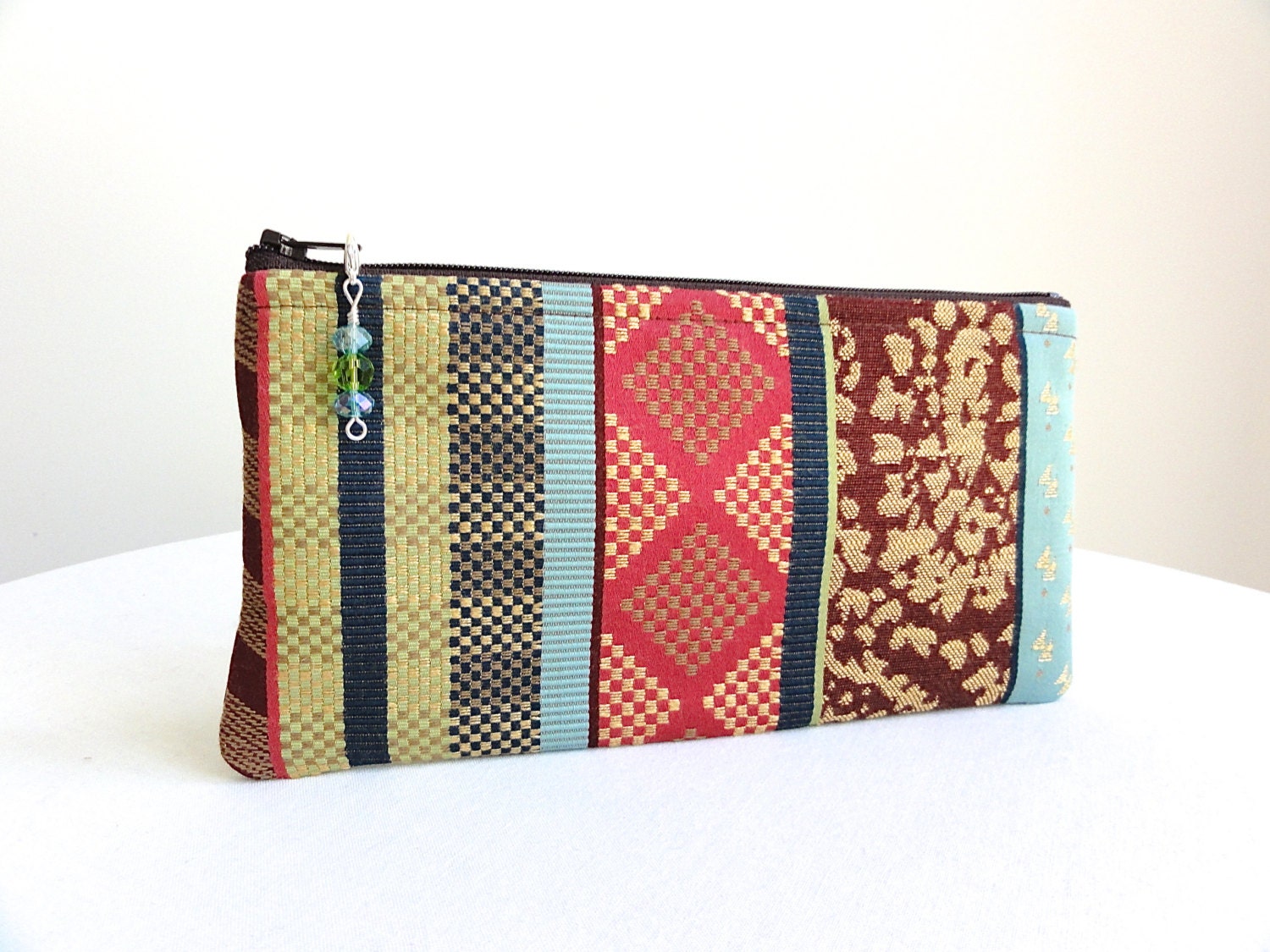 Striped Clutch /  Beaded Zipper Pull