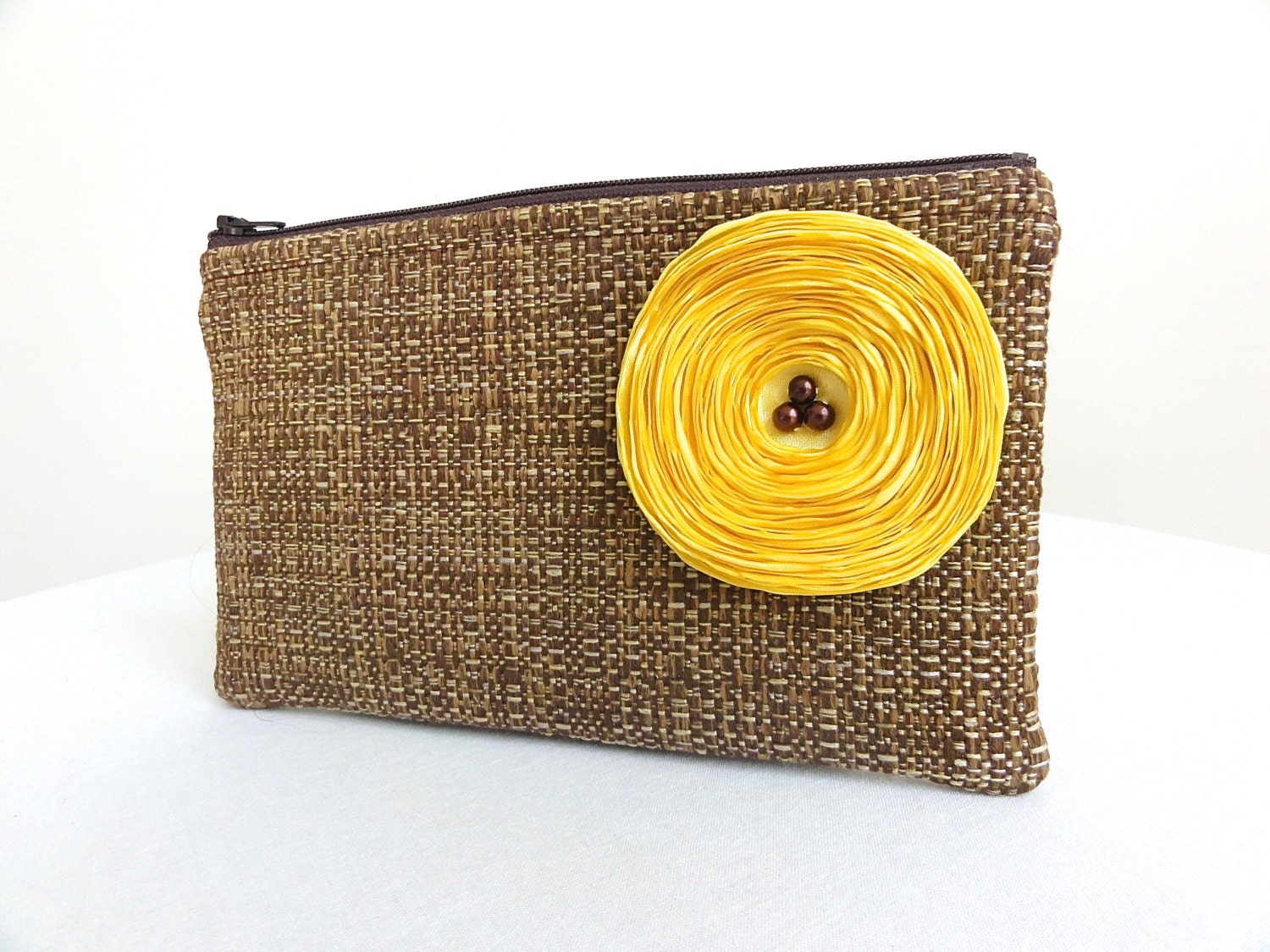 Chocolate Brown Clutch Handbag / Lemon Yellow Satin Flower