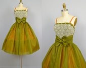 1950s Party Dress / 50s Olive Organza Dress / Floral Lace / Tulle / Rhinestones