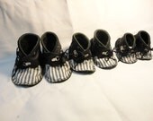 Mukluk style shoes in black and white striped cotton and black leather. High Top Winter Punk Baby Booties. Leather sole.