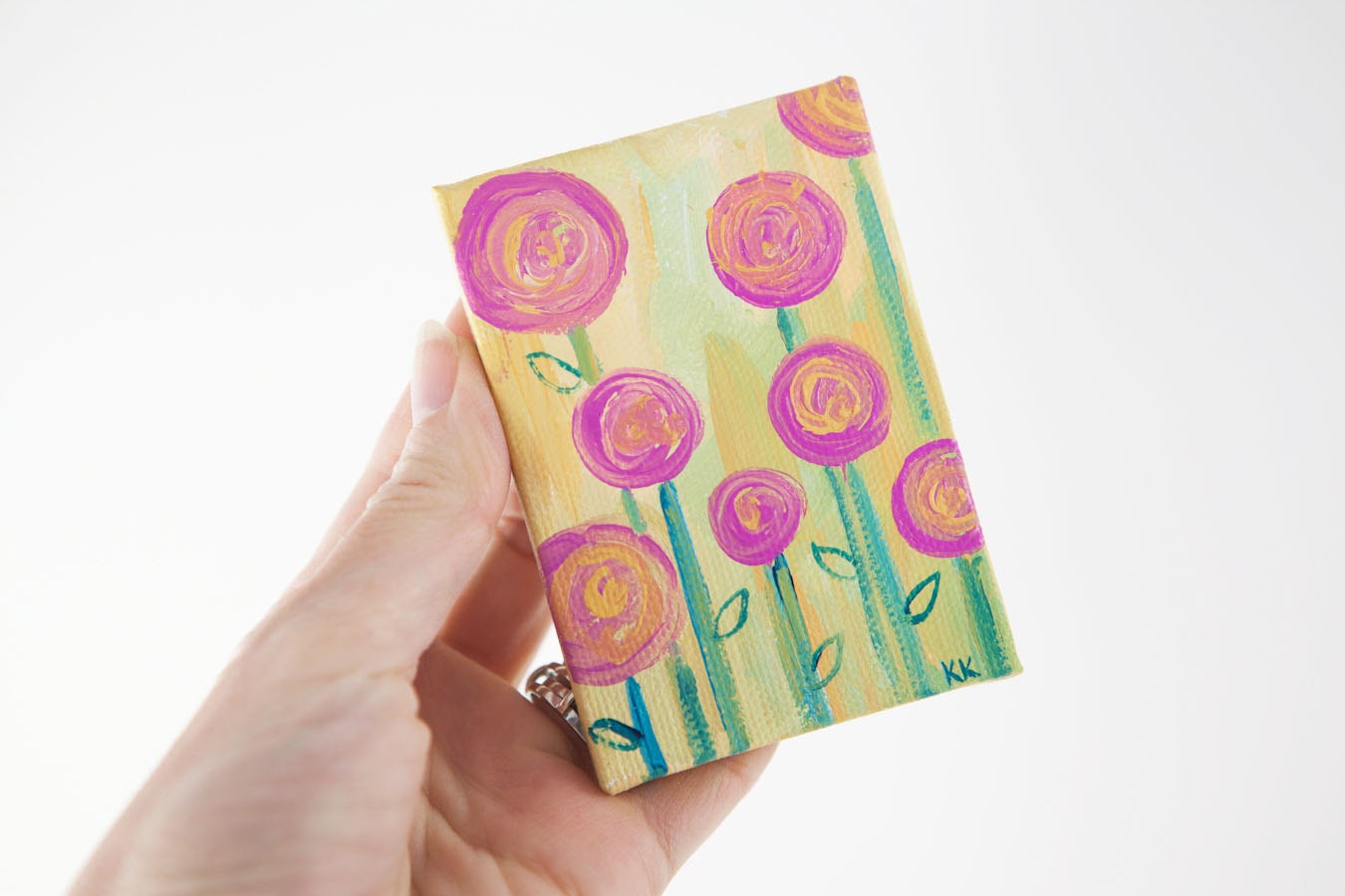 Miniature Painting of Pink Flowers, Pastel Yellow, Botanical, Colorful, Whimsical, Hand-Painted - Original Mini Painting by Kimberly Kling