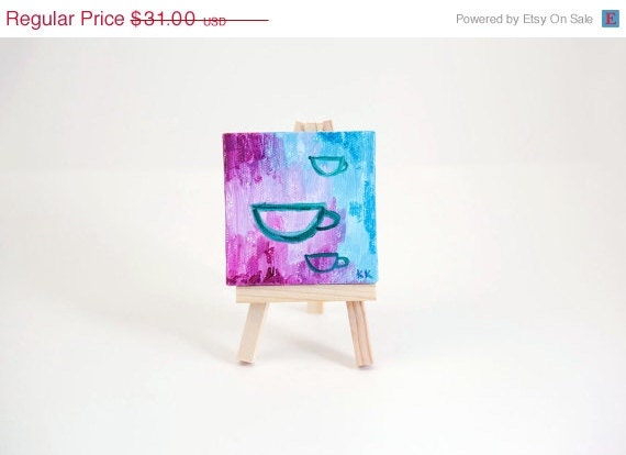 ON SALE Miniature Painting, Teacups, Tea, Coffee, Pink, Blue, Teal, Turquoise, Kitchen, Modern - Original Mini Painting by Kimberly Kling