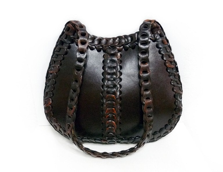 Vintage 70's Brown leather Handbag Braided Authentic Satchel Shoulder Bag purse