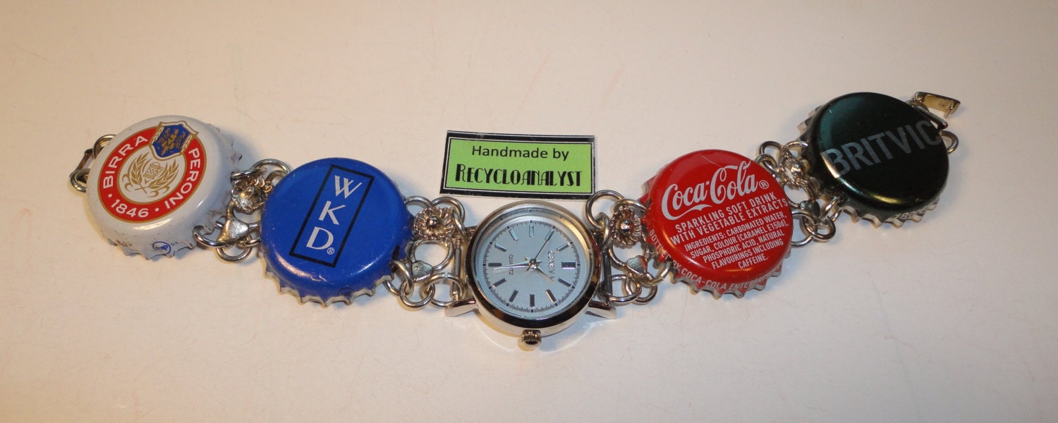 Handmade Recycled Watch and Bottle Caps Bracelet, Watch and Bottle Tops Bracelet