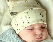 baby top knot hat greige/gray feathers and arrows.. organic cotton made to order