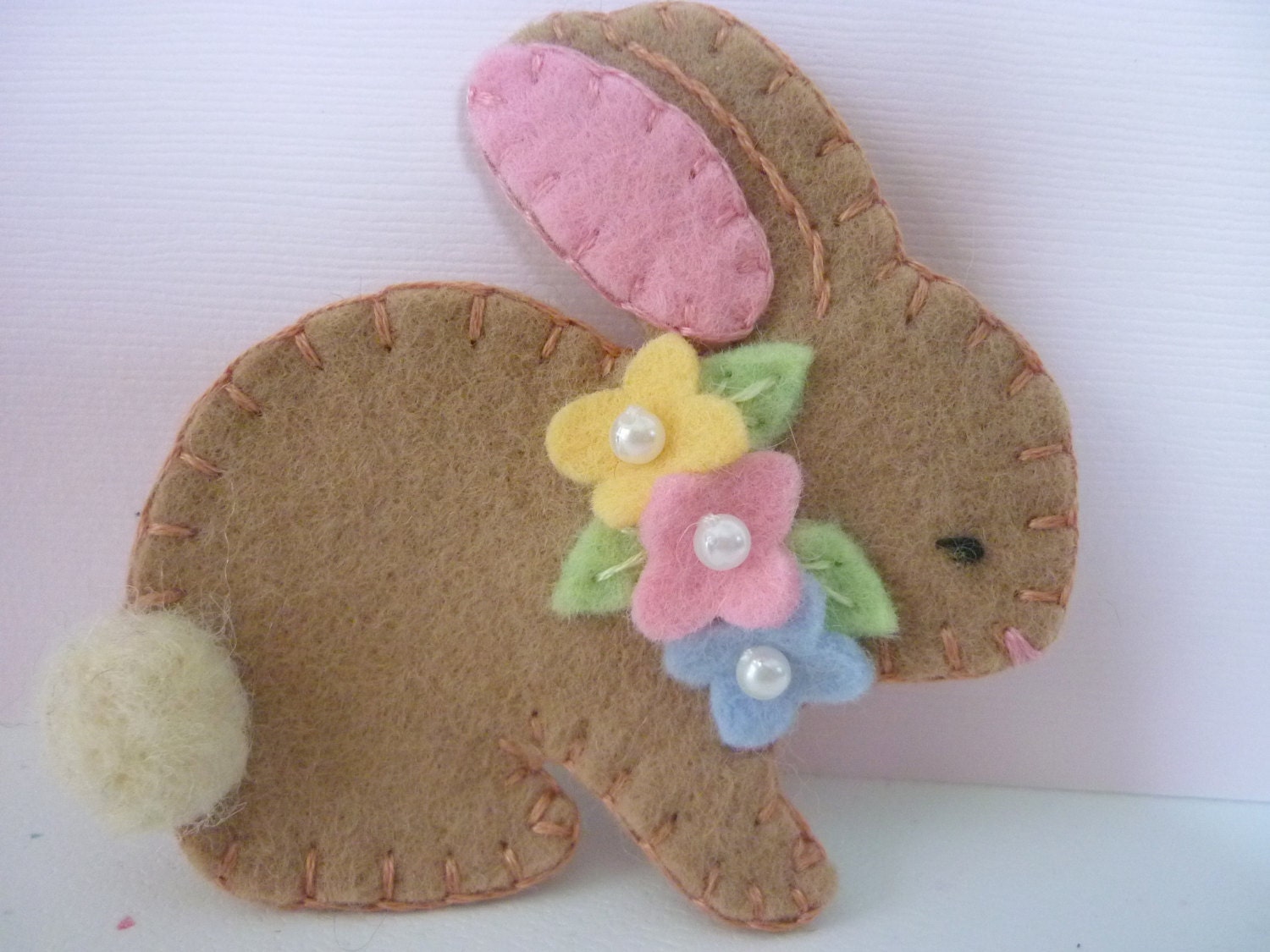 Felt Bunny Brooch Spring Beaded Flowers Felted Wool