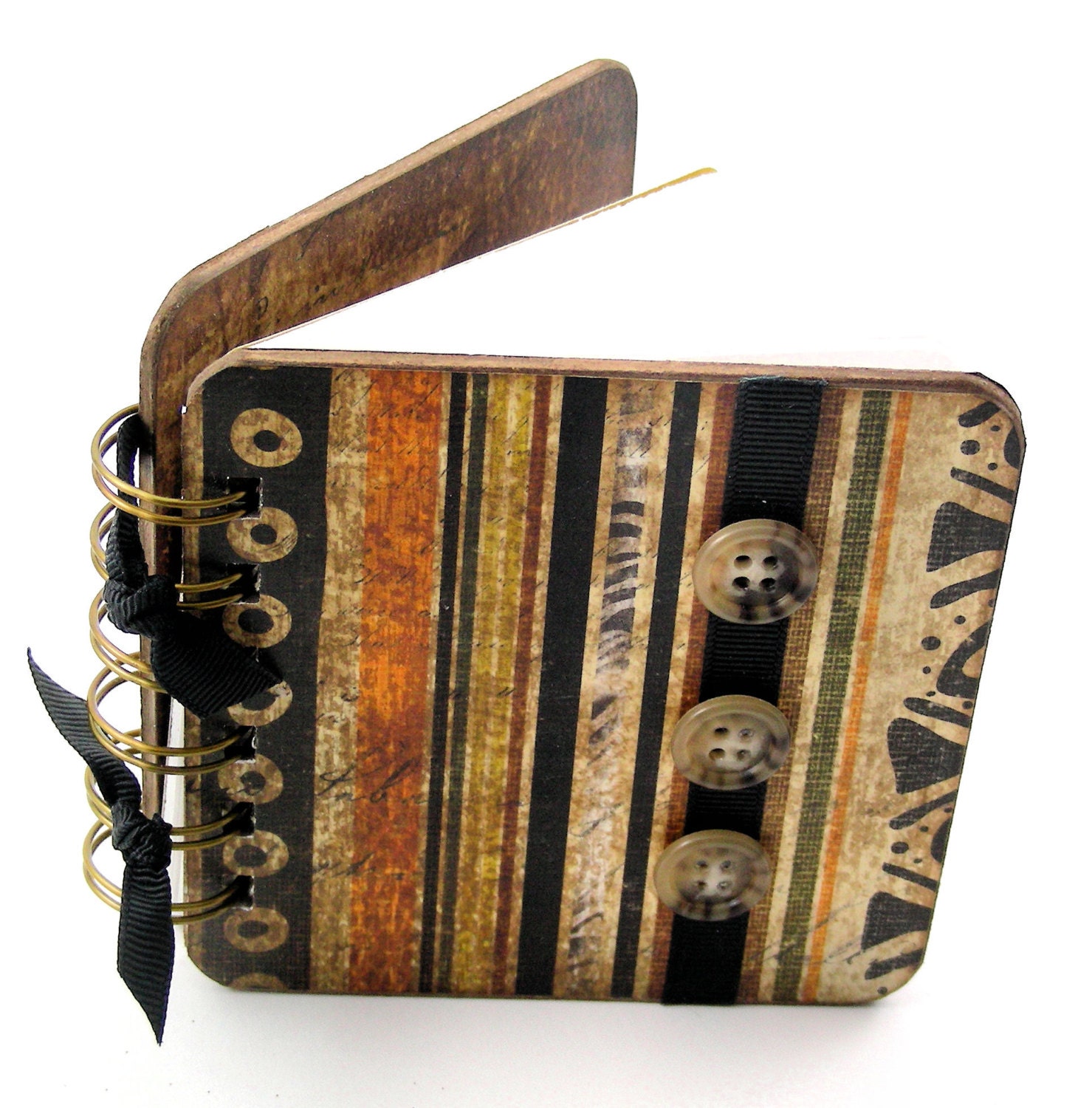 Safari Stripes Mini Blank Book, doodle - sketch - collage - write, brown - black - orange - olive