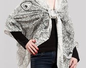 Mother Day Present Hand Painted Silk Cotton Scarf Wrap 35 X 70.9 Peacock Feathers Natural White and Black Fashion Present Luck Love