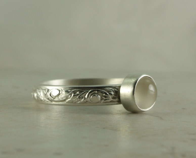 White Moonstone Ring. Wild Leaves Band.
