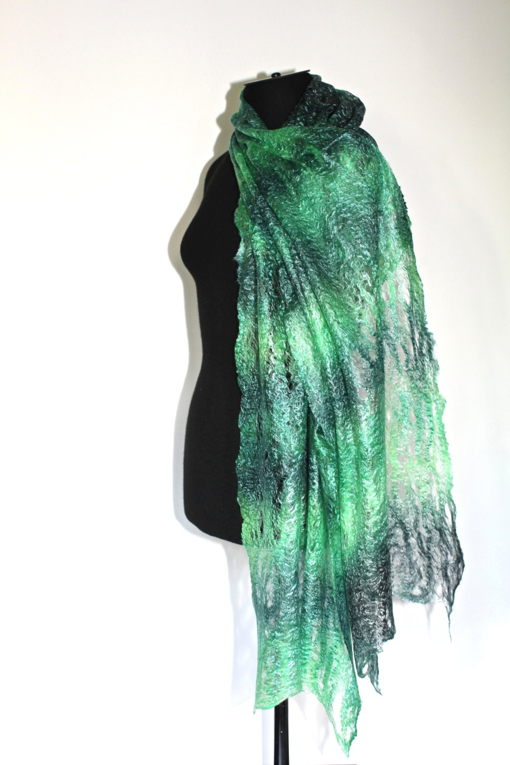 Felt Scarf Cobweb Felted Scarf Wrap Lacy Airy Weightless Green Scarf Gift Under 100