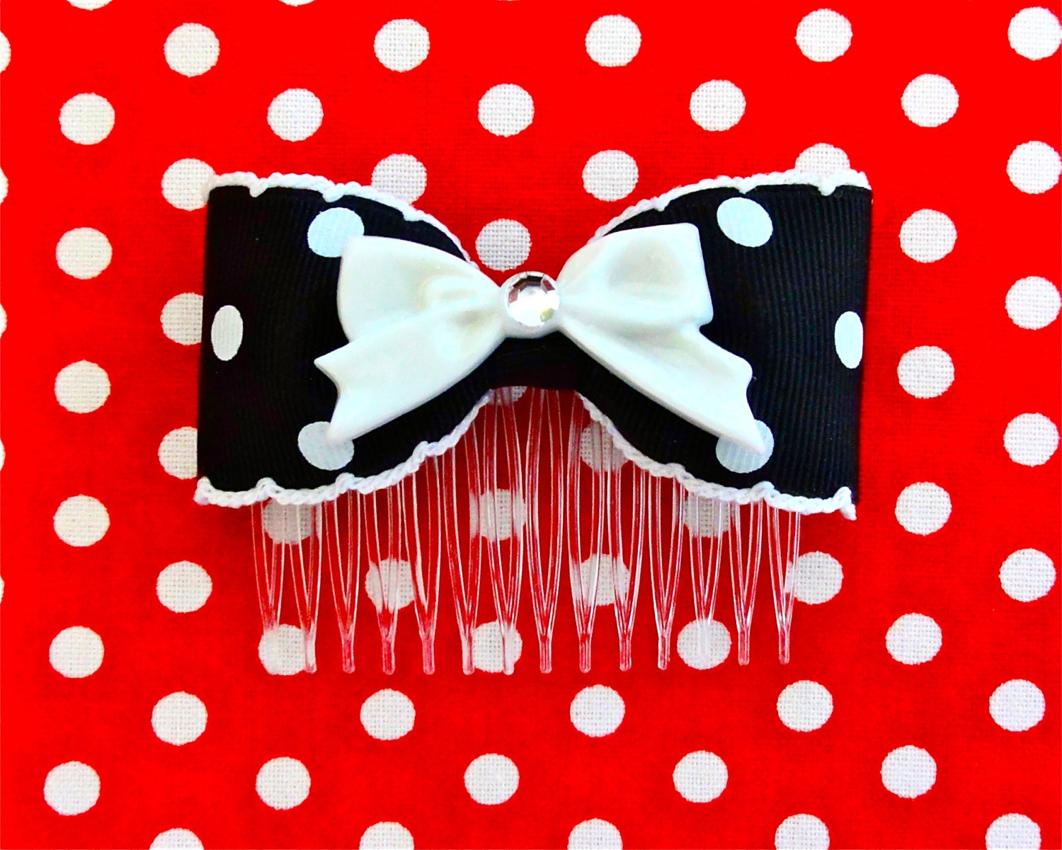 Retro Cutie Pinup White Bow & Dots Hair Comb - Black