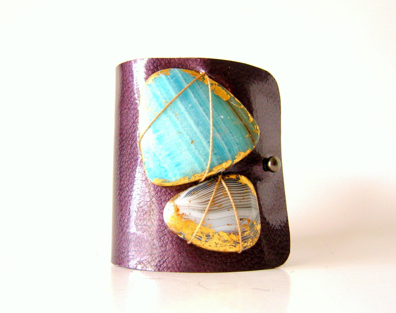 Pretty violet patent leather cuff bracelet with aqua banded agate and Botswana agate