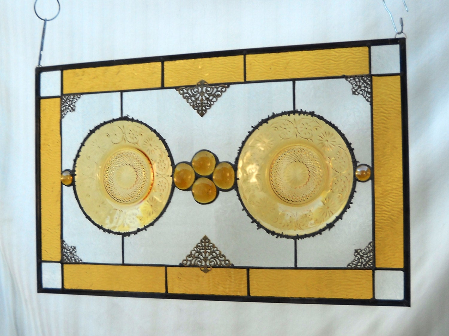 Indiana Glass Double Daisy Dish Stained Glass Panel Window Hanging