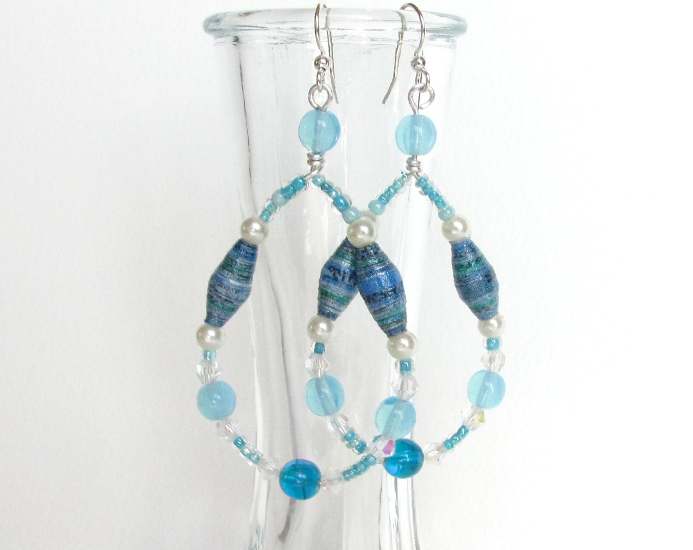 Blue and Silver Teardrop Earrings with Paper Beads