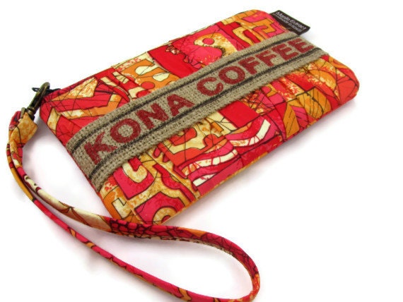 Recycled, Burlap Kona, USA Coffee Bag. Wristlet, Pouch, Clutch. Handmade in Hawaii.