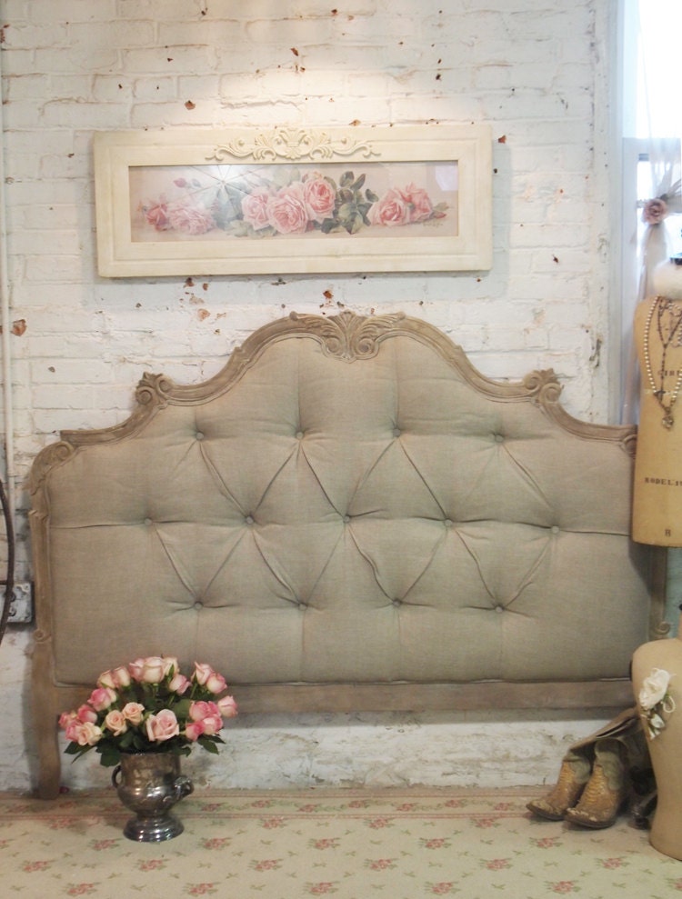 Painted Cottage Chic Shabby  Tufted Upholstered Romantic French Queen Headboard BD07
