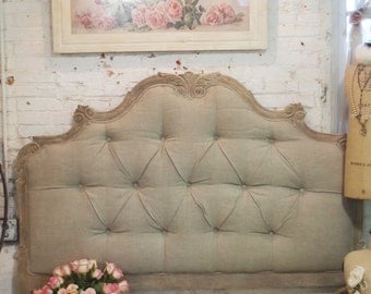 Painted Cottage Chic Shabby  Tufted Upholstered Romantic French Queen Headboard BD07