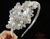 Magnolia - Wedding Crystal and Pearl Head Band, Wedding head piece, Bridal Side Tiara, Bridal Accessories