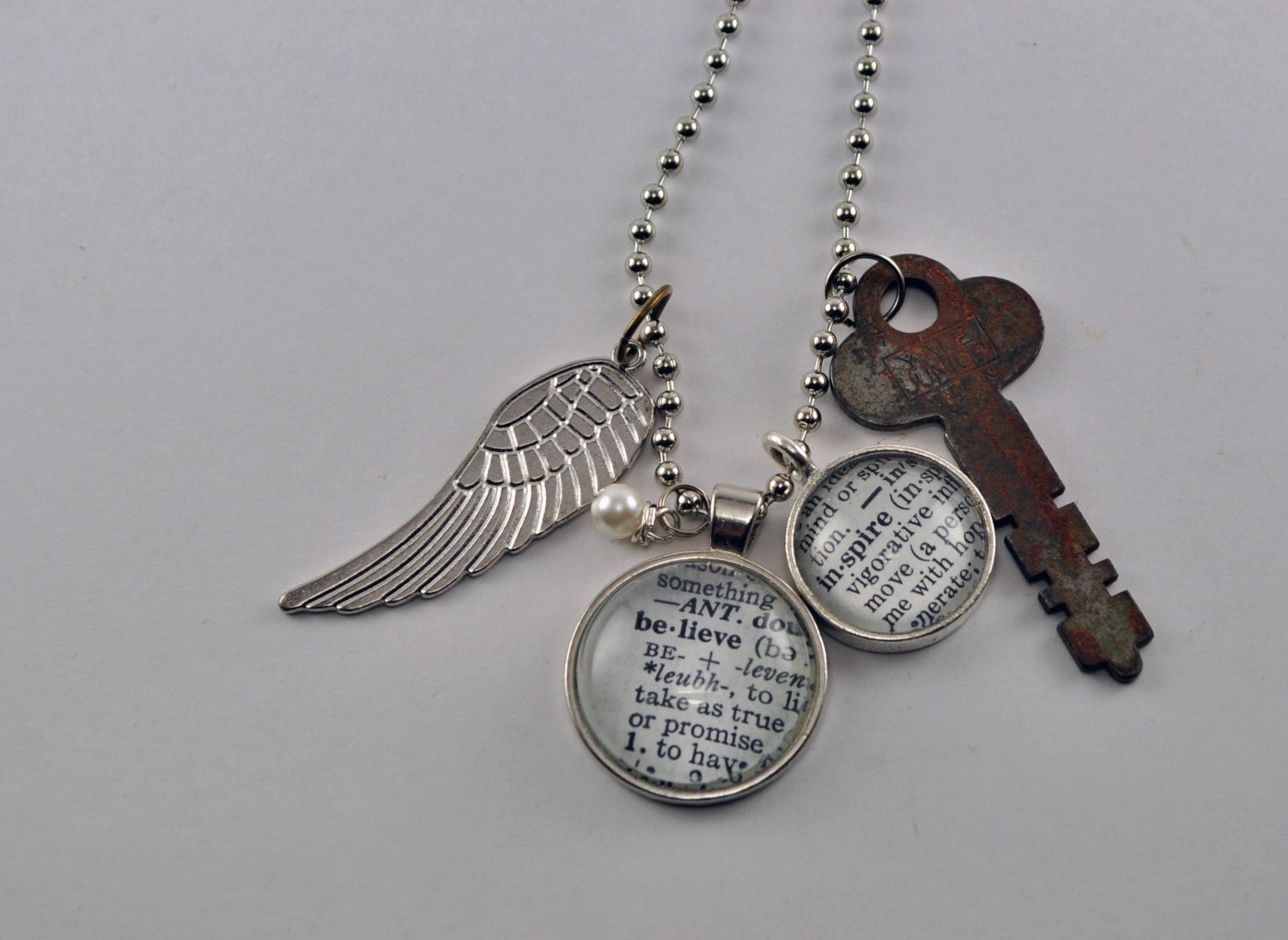 Vintage Dictionary Word Necklace Pendant BELIEVE INSPIRE
