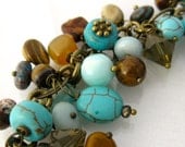 Blue and Brown Beaded Cluster Charm Bracelet Boho Chunky Stone Beads Brass Jewelry