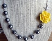 Gray and Yellow Rose Pearl Swallow Bird Statement Necklace Bridesmaid Gift For Her