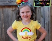 Personalized Rainbow - Yellow Applique Shirt or Onesie and XL Hair Bow Set with Ostrich Puff Center for Girls