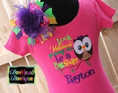 Look whoo's going to be a Big Sister with Personalized name -Owl Hot Pink Applique Shirt or onesie and Matching XL Ostrich Puff Hair Bow Set