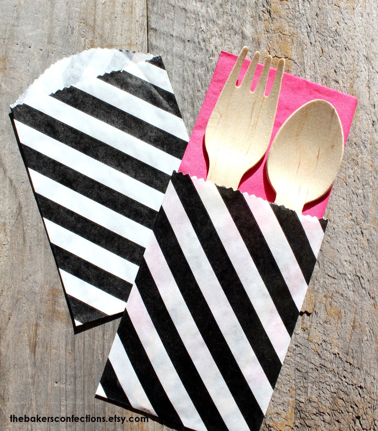 Mini Black Stripe Favor Bags, MIni Paper Candy Treat Bags, Utensil Bags (set of 18)