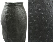 vintage black 80s OSTRICH embossed leather MINI skirt size XXS