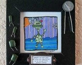 Tiny Robot Yakov. 3.5"X3.5" Original Signed Drawing. Ink on Watercolor Paper with Custom Frame.