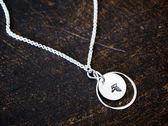Caduceus Charm Necklace, Hand Stamped Caduceus Charm Necklace
