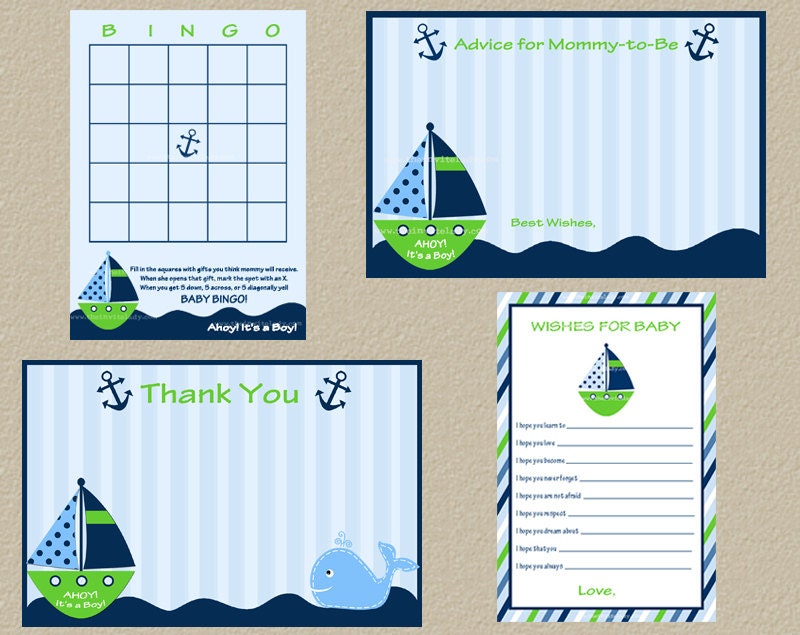 Digital Nautical Baby Shower Suite: Advice, Wishes for Baby, Thank You, and Baby Bingo, Digital Files, Print Yourself, DIY, INSTANT download