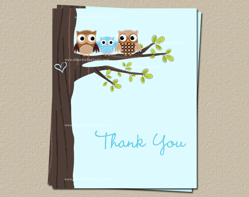 Owl Baby Shower Thank You Notes, Family in Tree, Pink, Blue, or Green, Set of 25 printed with envelopes, FREE shipping