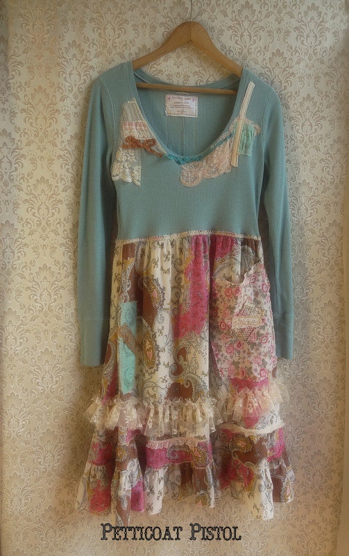 Refashioned  Tee and Vintage Skirt Paisley Teal Lace OOAK Rustic Tattered Country Frock Lace Vintage Inspired