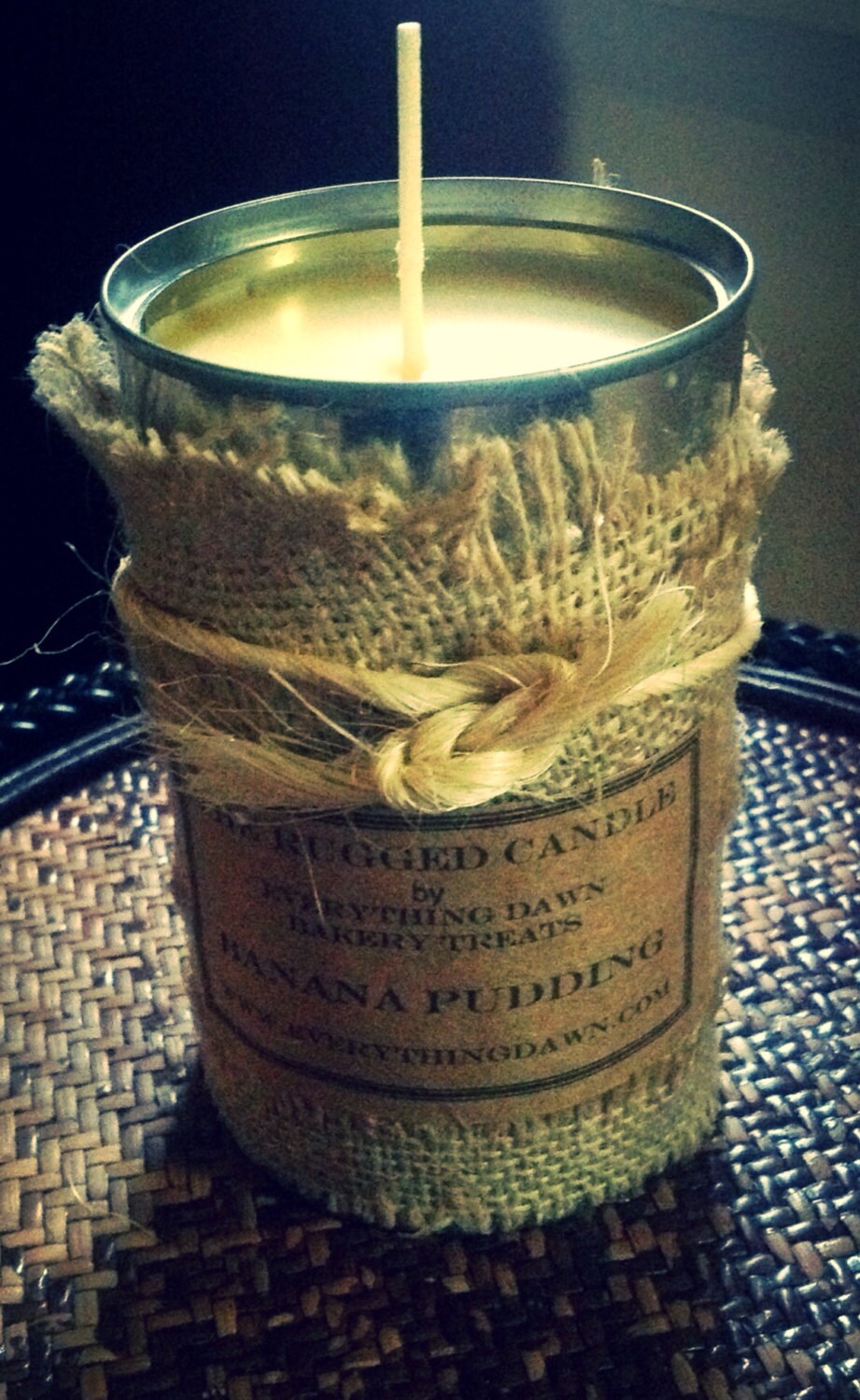 Tin Can Candle Burlap Decorated Vintage Style Banana Pudding Candle