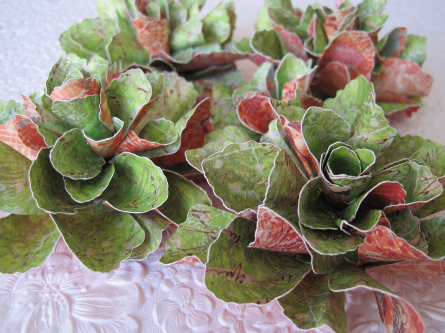 Spring Green & Tangerine Patterned Paper Flowers - Set of 5